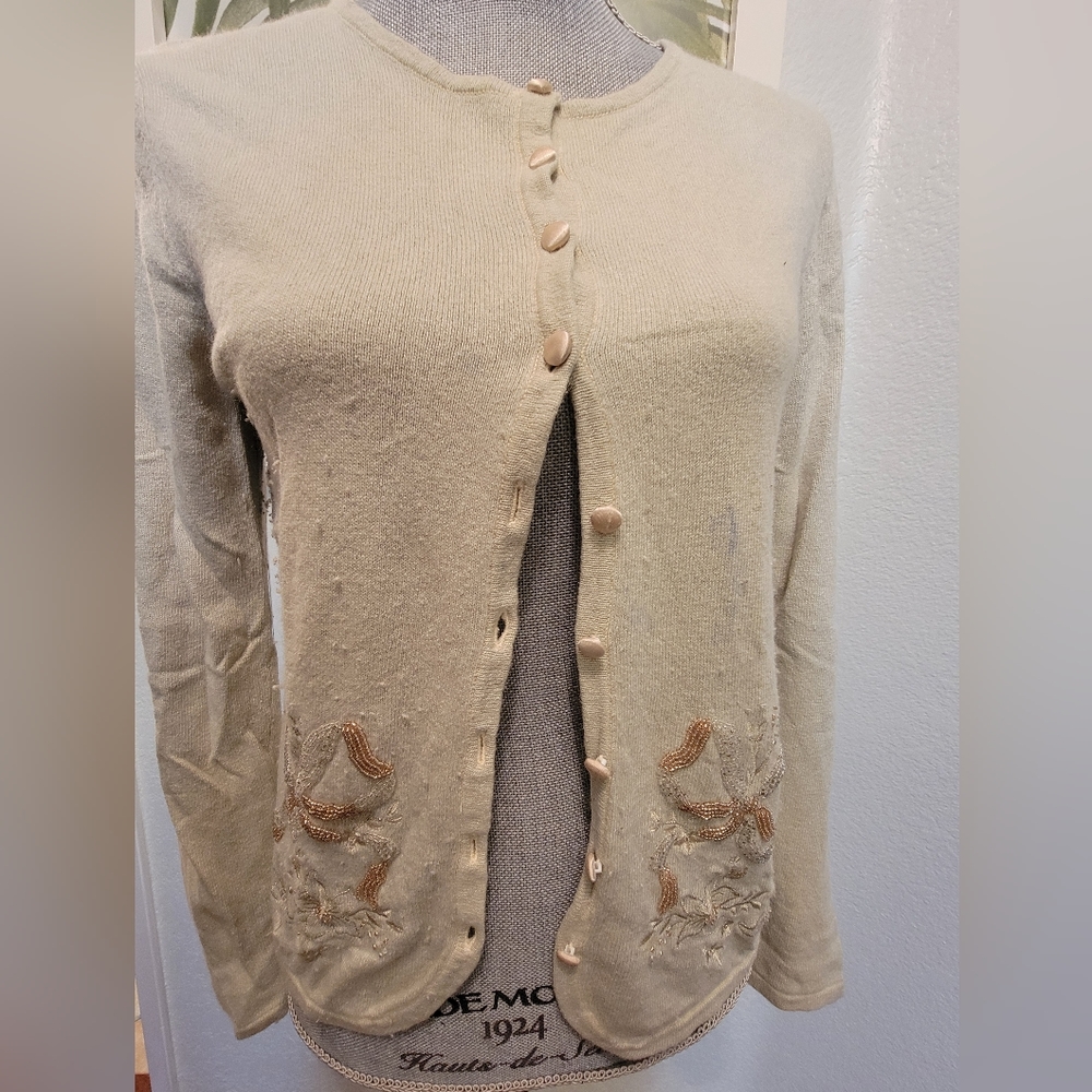 $400 OSCAR DE LA RENTA SILK WOOL BLEND BEADED EMBROID  CARDIGAN SWEATER US M